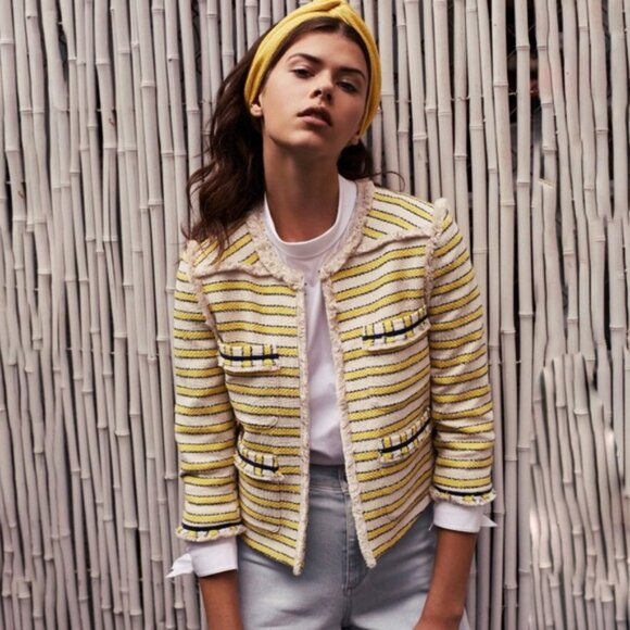 Veronica Beard yellow & blue stripe cream tweed jacket - Picture 3 of 7